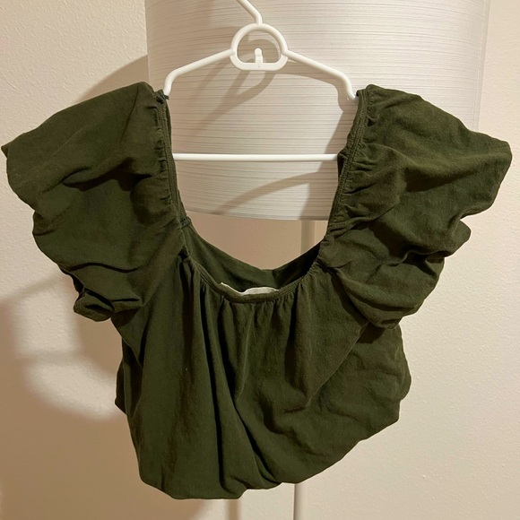Free People Bubble Sleeve Olive Green Crop Top - S - Picture 2 of 3